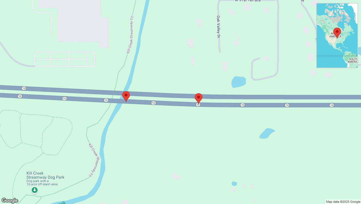 A detailed map that shows the affected road due to 'Broken down vehicle on eastbound K-10 in De Soto' on February 11th at 1:51 p.m.