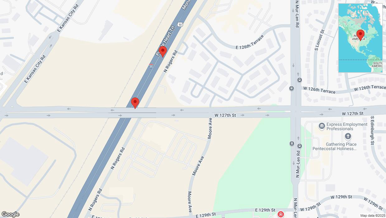 A detailed map that shows the affected road due to 'Broken down vehicle on eastbound I-35 in Olathe' on February 11th at 4:09 p.m.
