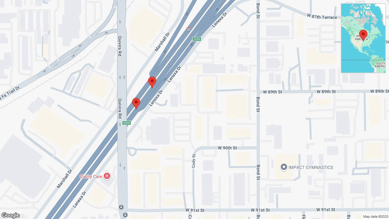 A detailed map that shows the affected road due to 'Broken down vehicle on eastbound I-35 in Overland Park' on February 11th at 5:55 p.m.
