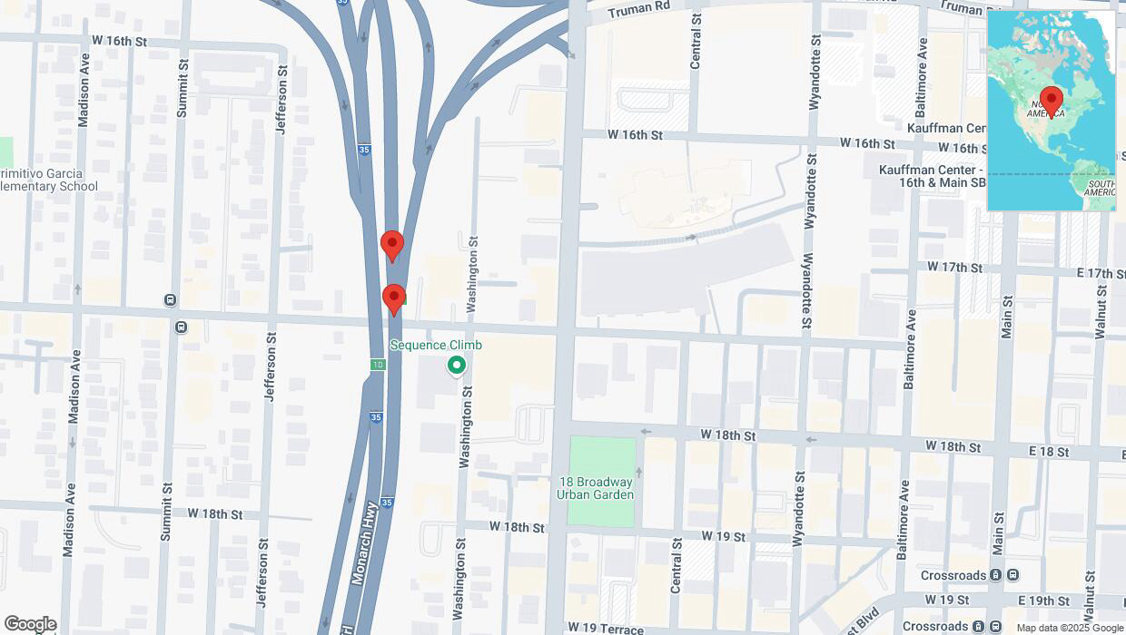 A detailed map that shows the affected road due to 'Broken down vehicle on northbound I-35 in Kansas City' on February 11th at 3:18 p.m.