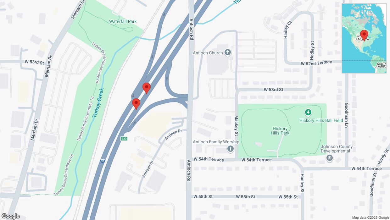 A detailed map that shows the affected road due to 'Broken down vehicle on northbound I-35 in Merriam' on February 11th at 3:52 p.m.