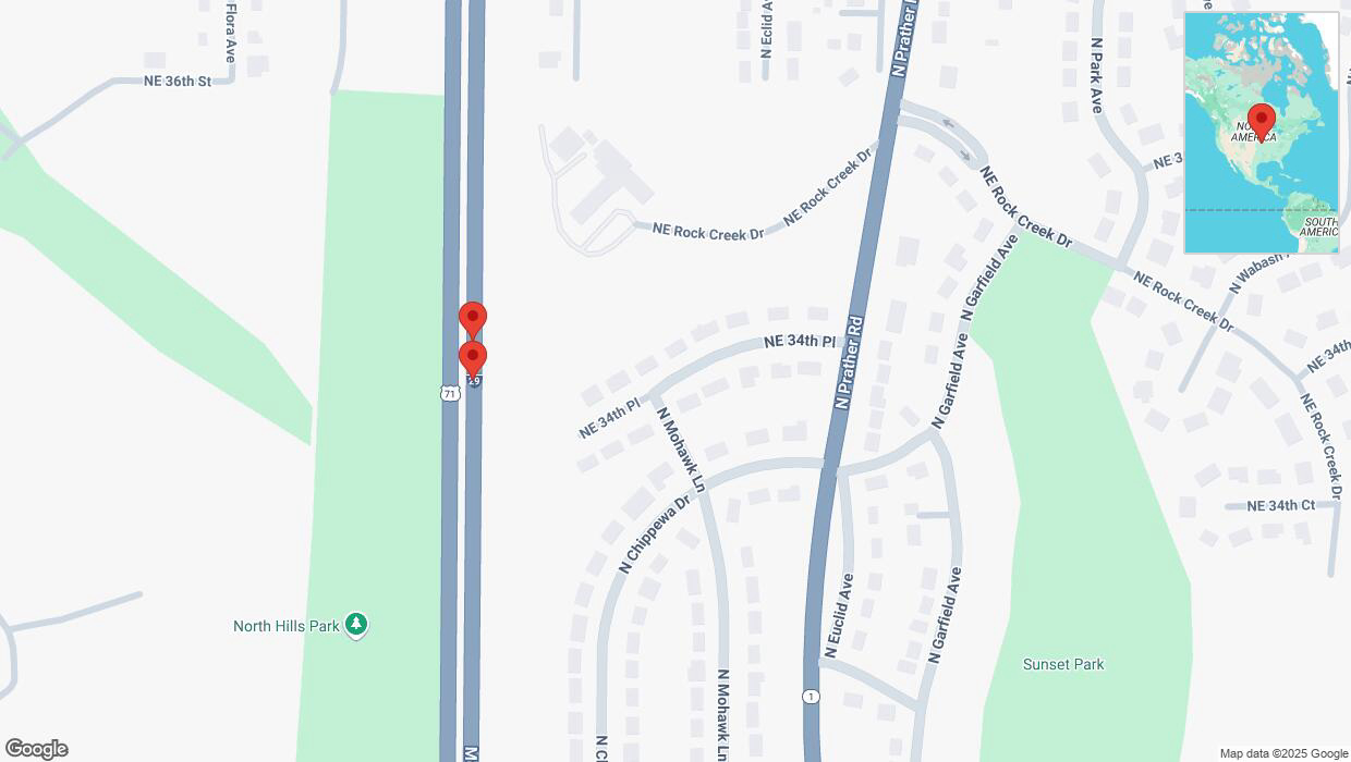 A detailed map that shows the affected road due to 'Broken down vehicle on northbound I-29/I-35 in Kansas City' on February 11th at 4:43 p.m.