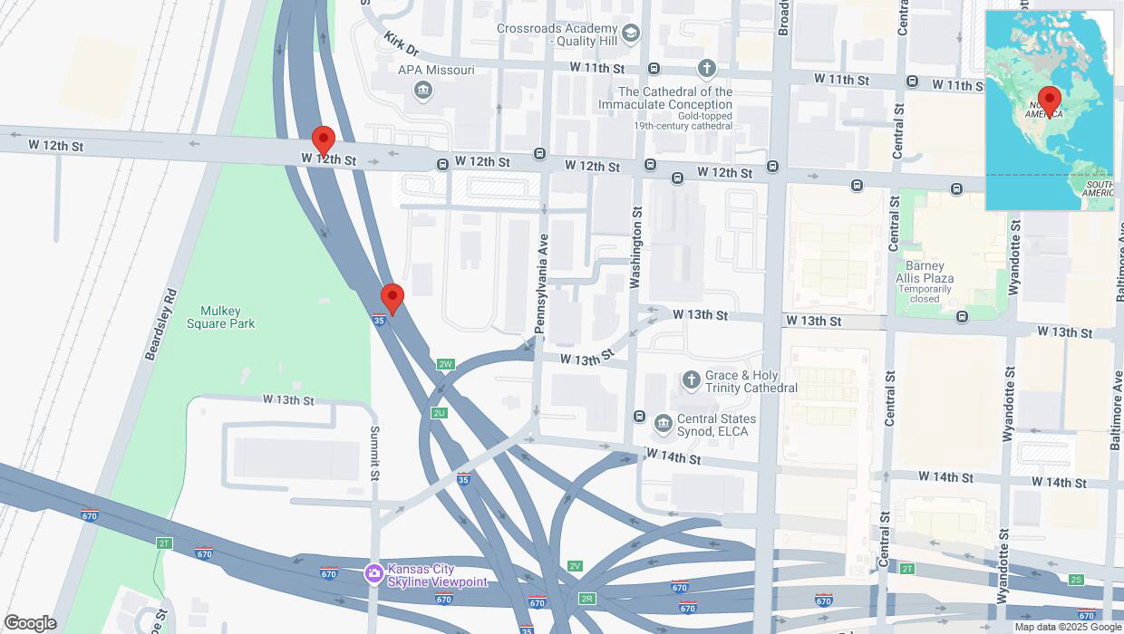 A detailed map that shows the affected road due to 'Broken down vehicle on northbound I-35 in Kansas City' on February 11th at 5:32 p.m.