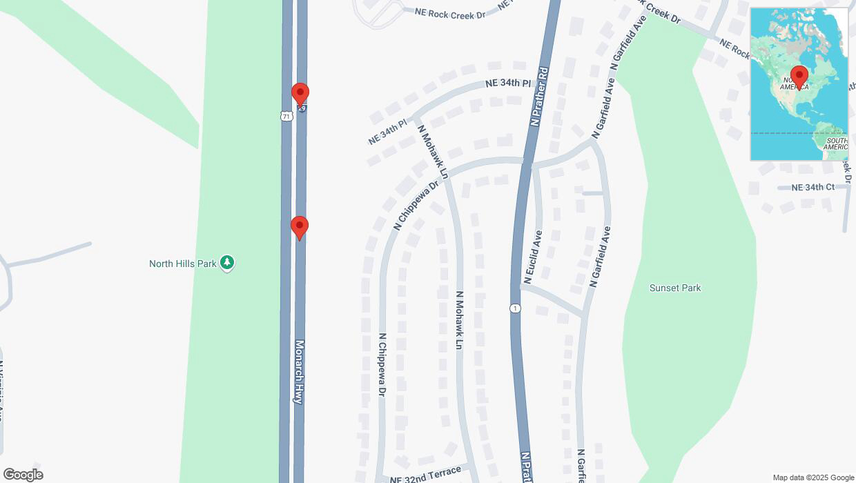 A detailed map that shows the affected road due to 'Broken down vehicle on northbound I-29/I-35 in Kansas City' on February 12th at 1:37 p.m.
