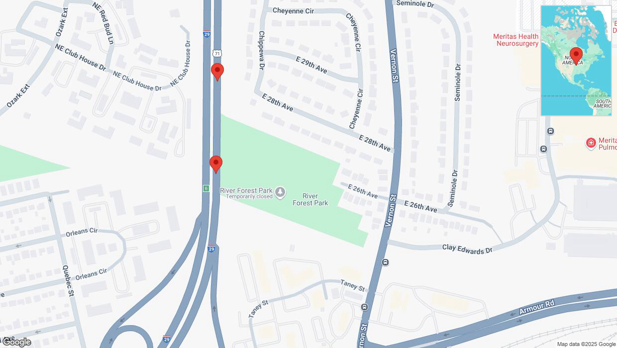 A detailed map that shows the affected road due to 'Broken down vehicle on northbound I-29/I-35 in North Kansas City' on February 12th at 2:59 p.m.