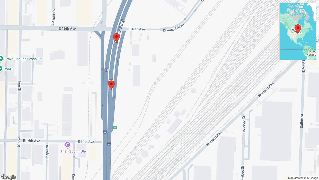 A detailed map that shows the affected road due to 'Warning in North Kansas City: Crash reported on northbound I-29/I-35' on February 12th at 3:11 p.m.