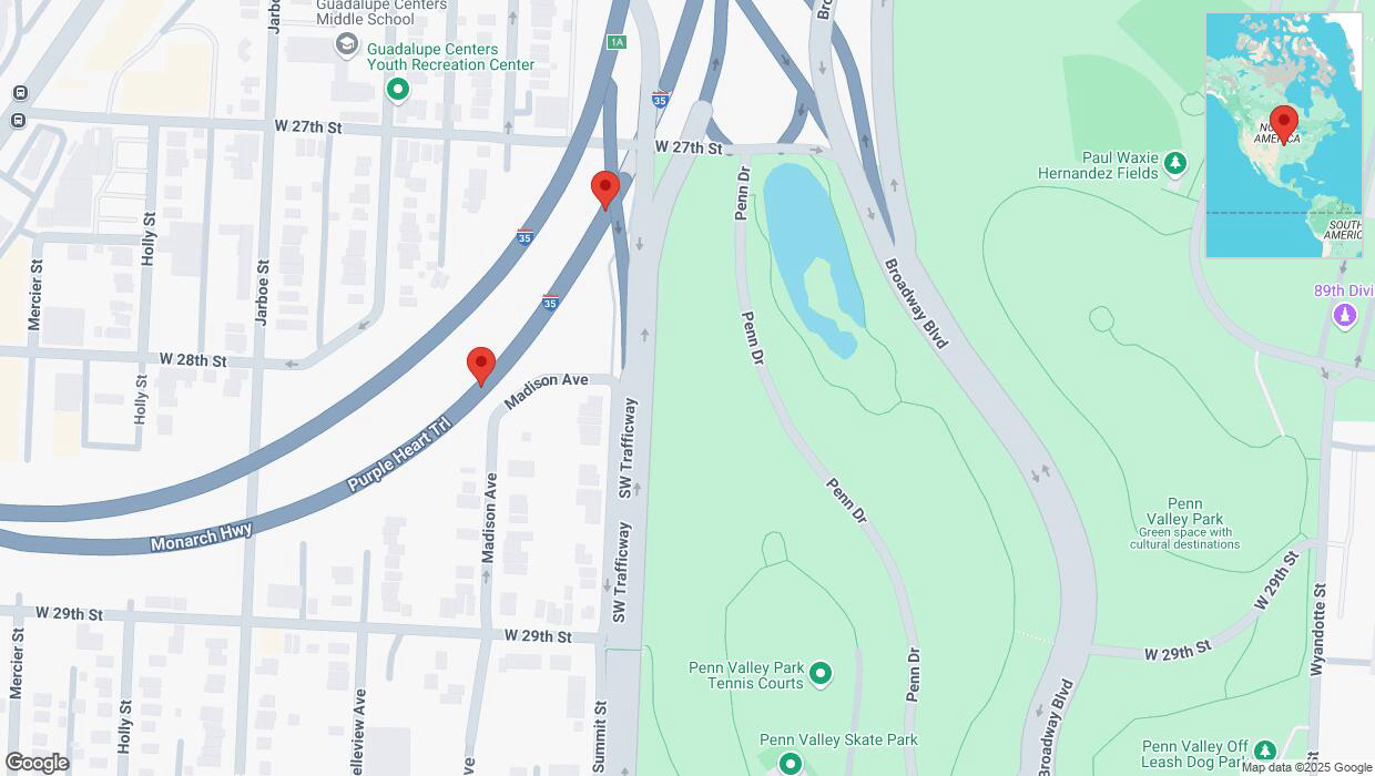 A detailed map that shows the affected road due to 'Broken down vehicle on northbound I-35 in Kansas City' on February 12th at 9:39 p.m.