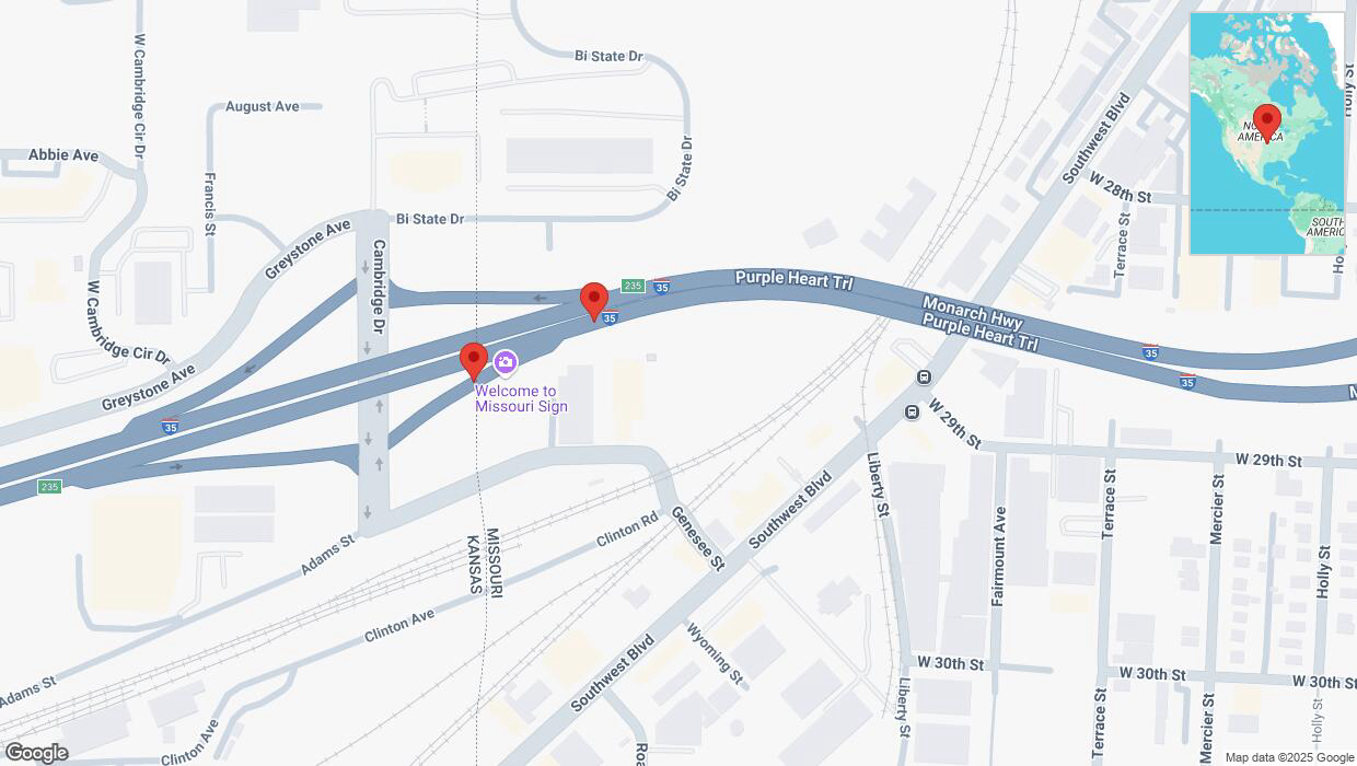 A detailed map that shows the affected road due to 'Broken down vehicle on Greystone Avenue in Kansas City' on February 12th at 10:14 p.m.