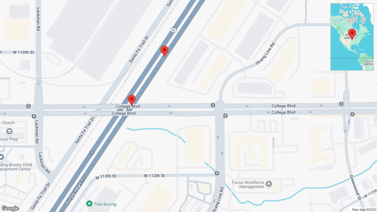 A detailed map that shows the affected road due to 'Broken down vehicle on eastbound I-35 in Lenexa' on February 13th at 2:56 p.m.