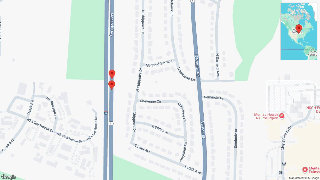 A detailed map that shows the affected road due to 'Crash report: I-29/I-35' on February 13th at 1:54 p.m.