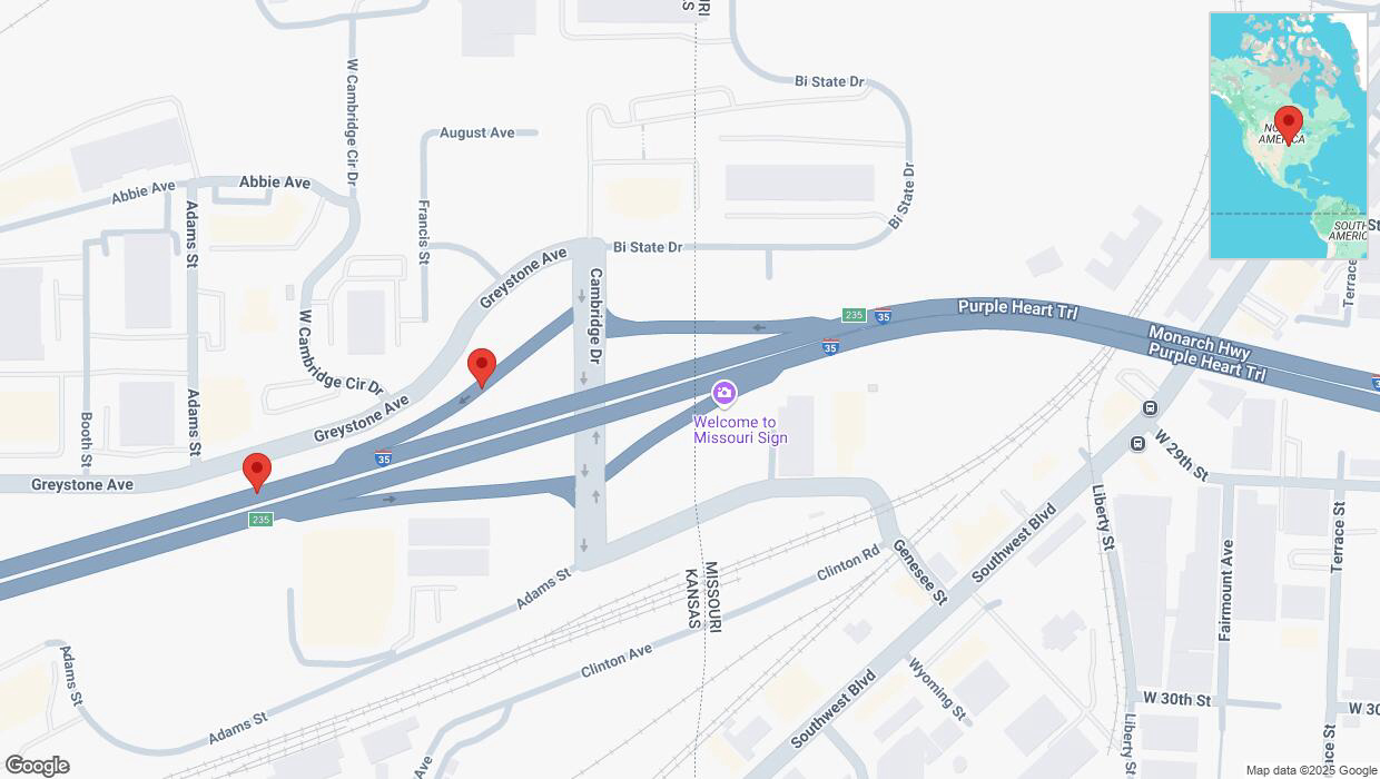A detailed map that shows the affected road due to 'Broken down vehicle on Greystone Avenue in Kansas City' on February 13th at 2:56 p.m.