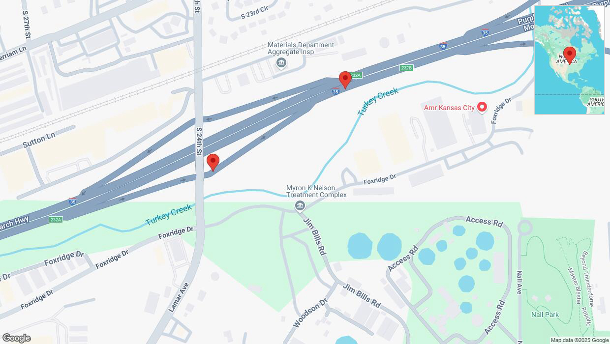 A detailed map that shows the affected road due to 'Broken down vehicle on South 24th Street in Kansas City' on February 13th at 4:10 p.m.