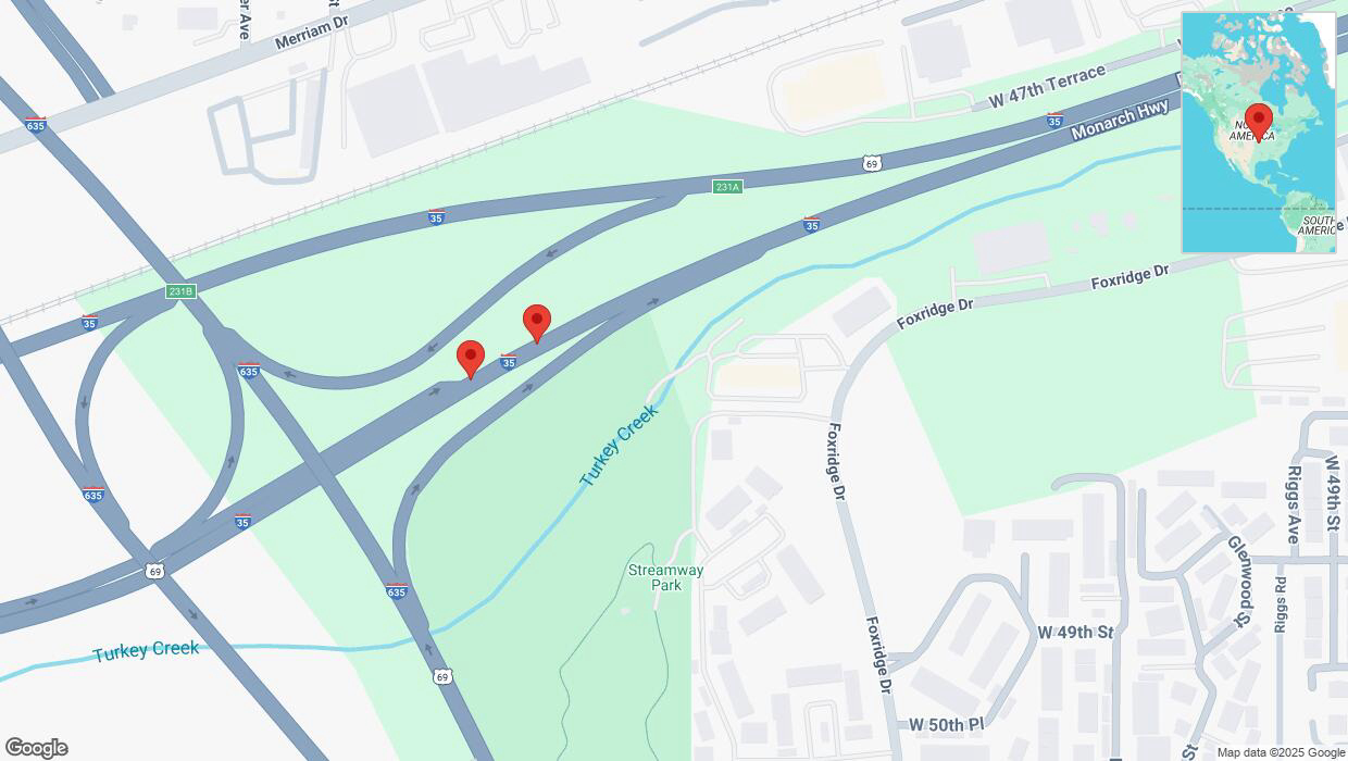 A detailed map that shows the affected road due to 'Crash reported on northbound I-35 in Mission' on February 13th at 3:53 p.m.