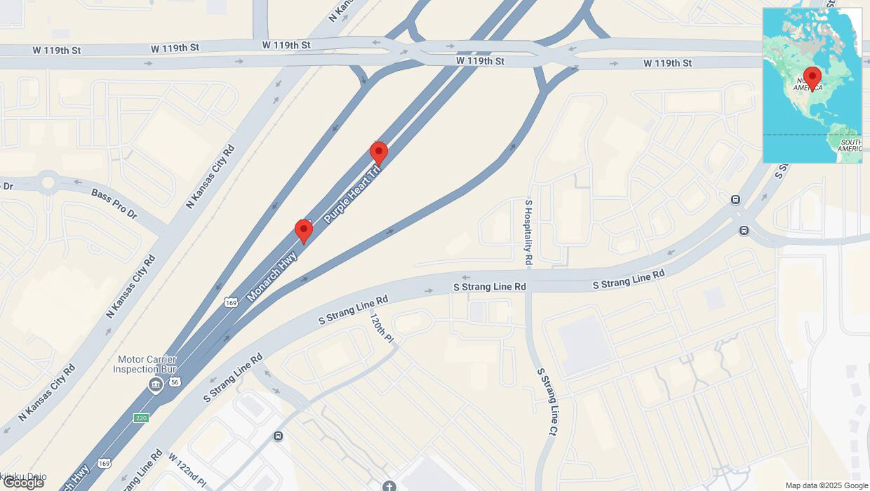 A detailed map that shows the affected road due to 'Broken down vehicle on eastbound I-35 in Olathe' on February 13th at 7:29 p.m.