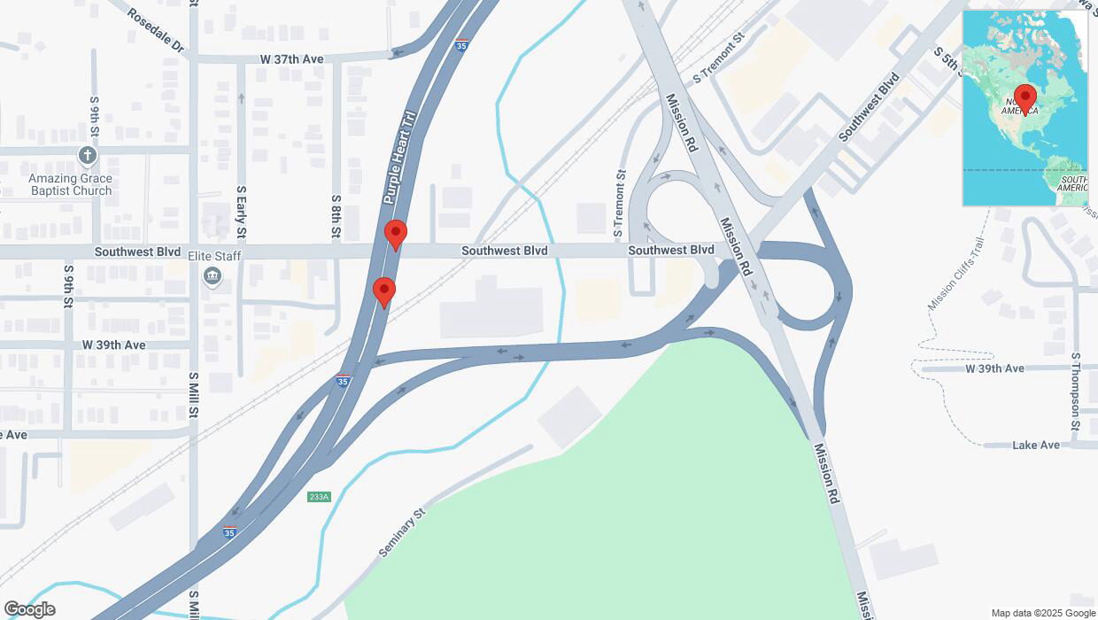 A detailed map that shows the affected road due to 'Broken down vehicle on northbound I-35 in Kansas City' on February 14th at 12:29 p.m.