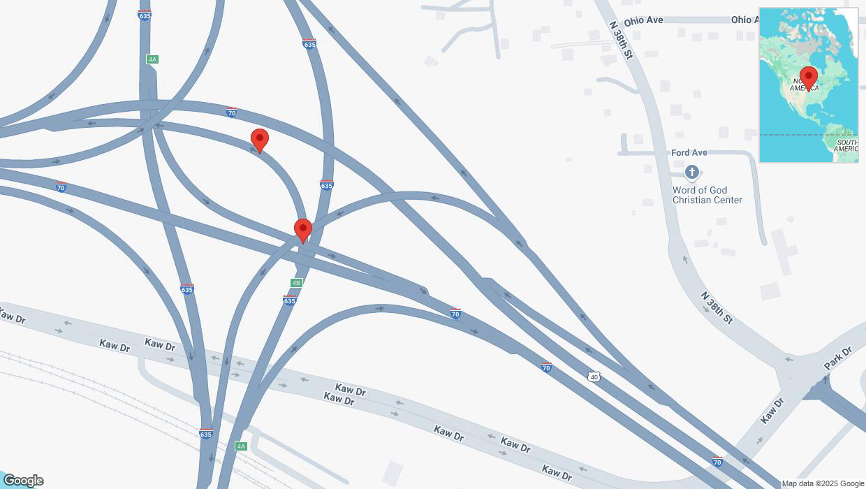 A detailed map that shows the affected road due to 'Broken down vehicle on the Harry Darby Memorial Highway in Kansas City' on February 14th at 12:47 p.m.