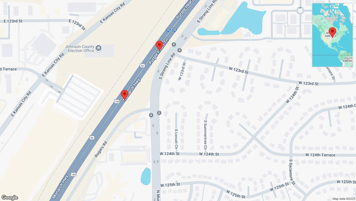 A detailed map that shows the affected road due to 'Broken down vehicle on eastbound I-35 in Olathe' on February 14th at 3:10 p.m.