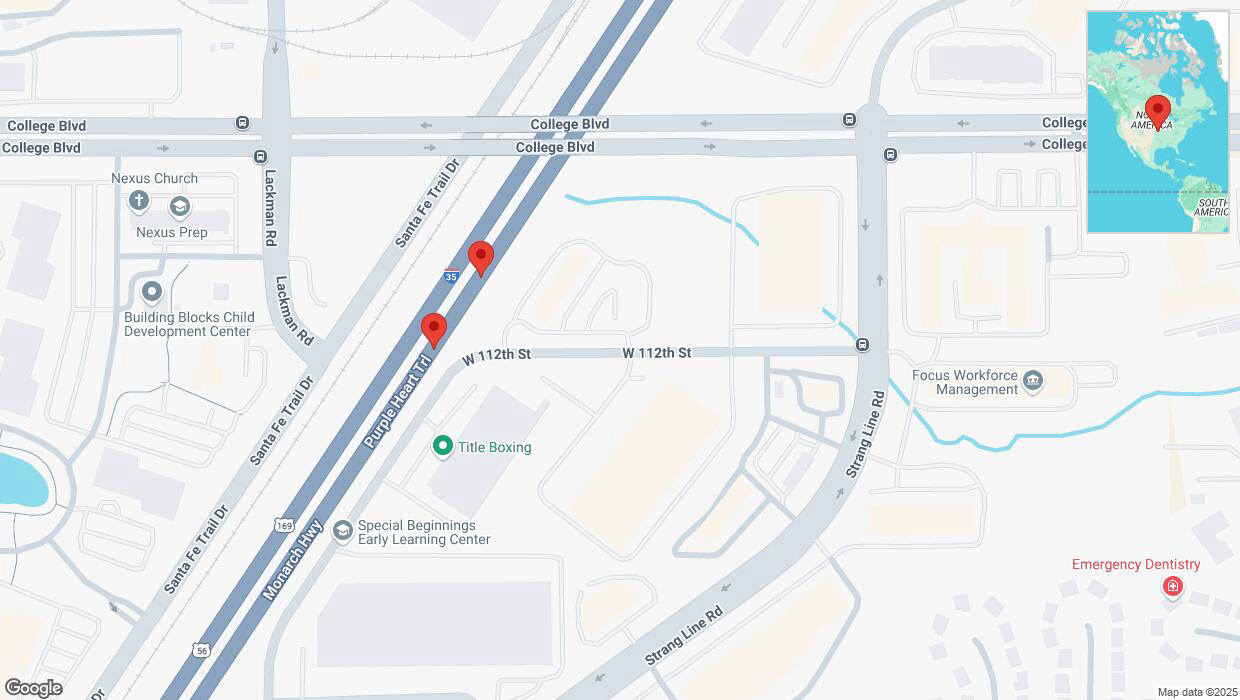 A detailed map that shows the affected road due to 'Broken down vehicle on eastbound I-35 in Lenexa' on February 14th at 8:36 p.m.