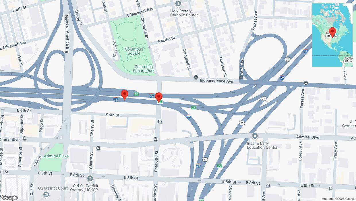 A detailed map that shows the affected road due to 'Warning: Crash on eastbound I-70/I-35 in Kansas City' on February 14th at 10:11 p.m.