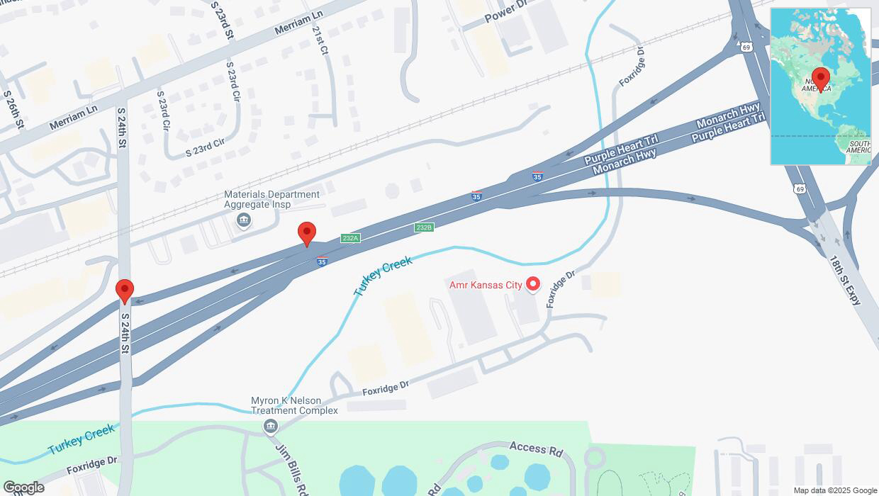 A detailed map that shows the affected road due to 'Broken down vehicle on South 24th Street in Kansas City' on February 15th at 12:34 p.m.