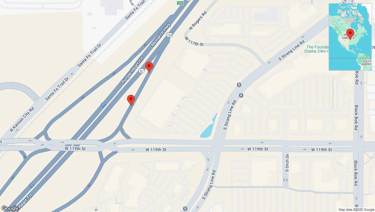 A detailed map that shows the affected road due to 'Broken down vehicle on South Strang Line Road in Olathe' on February 15th at 1:34 p.m.