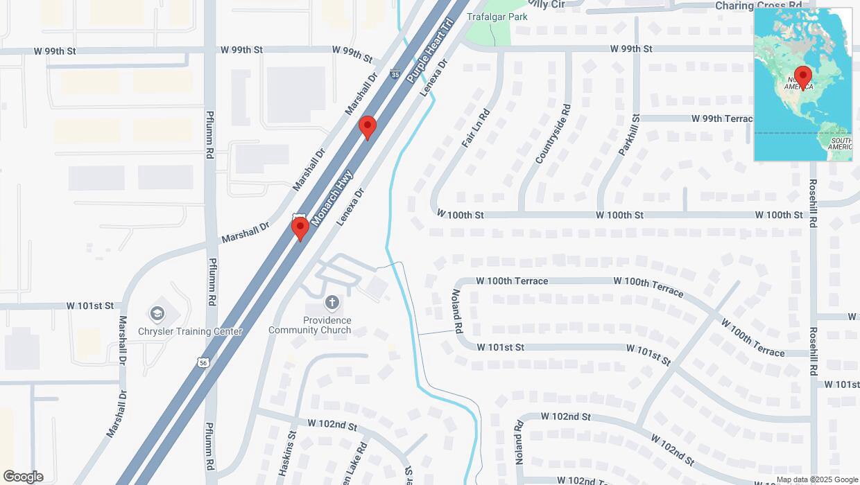 A detailed map that shows the affected road due to 'Broken down vehicle on eastbound I-35 in Lenexa' on February 15th at 3:20 p.m.