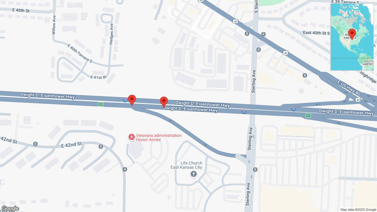 A detailed map that shows the affected road due to 'Broken down vehicle on eastbound I-70 in Kansas City' on February 15th at 6:37 p.m.