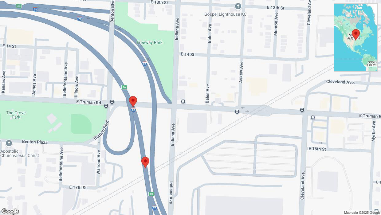 A detailed map that shows the affected road due to 'Broken down vehicle on eastbound I-70 in Kansas City' on February 15th at 6:15 p.m.