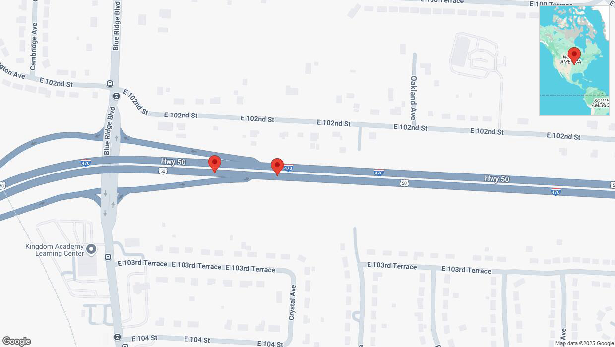 A detailed map that shows the affected road due to 'Broken down vehicle on eastbound I-470 in Kansas City' on February 15th at 6:43 p.m.