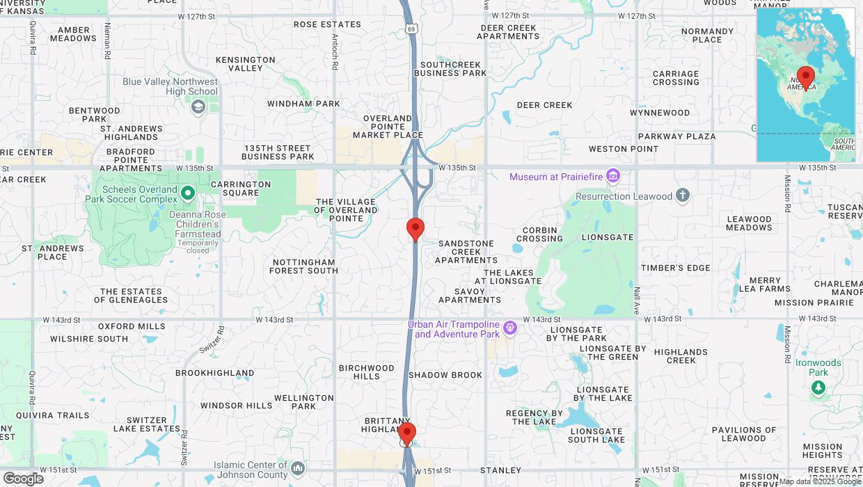 A detailed map that shows the affected road due to 'Lane on US-69 closed in Overland Park' on February 19th at 8:50 p.m.