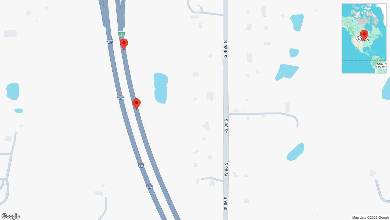 A detailed map that shows the affected road due to 'Broken down vehicle on northbound I-435 in Edwardsville' on February 17th at 1:10 p.m.