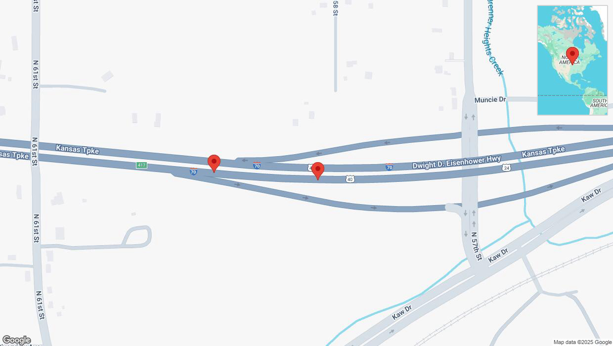 A detailed map that shows the affected road due to 'Broken down vehicle on eastbound I-70 in Kansas City' on February 17th at 4:43 p.m.
