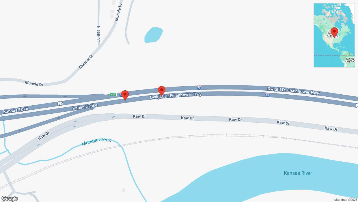 A detailed map that shows the affected road due to 'Broken down vehicle on eastbound I-70 in Kansas City' on February 17th at 4:43 p.m.