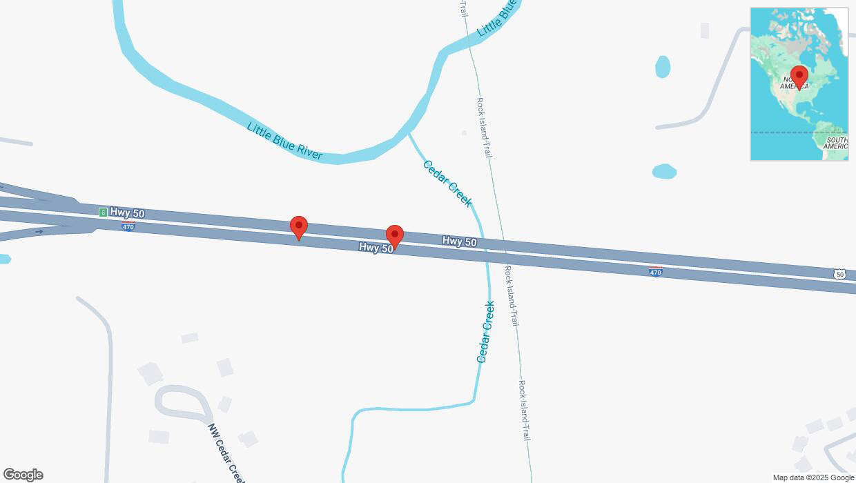 A detailed map that shows the affected road due to 'Broken down vehicle on eastbound I-470 in Lee's Summit' on February 17th at 2:08 p.m.