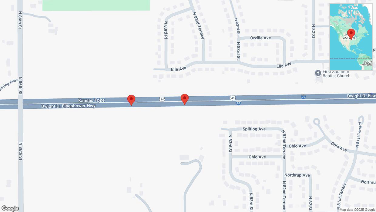 A detailed map that shows the affected road due to 'Broken down vehicle on eastbound I-70 in Kansas City' on February 17th at 4:43 p.m.