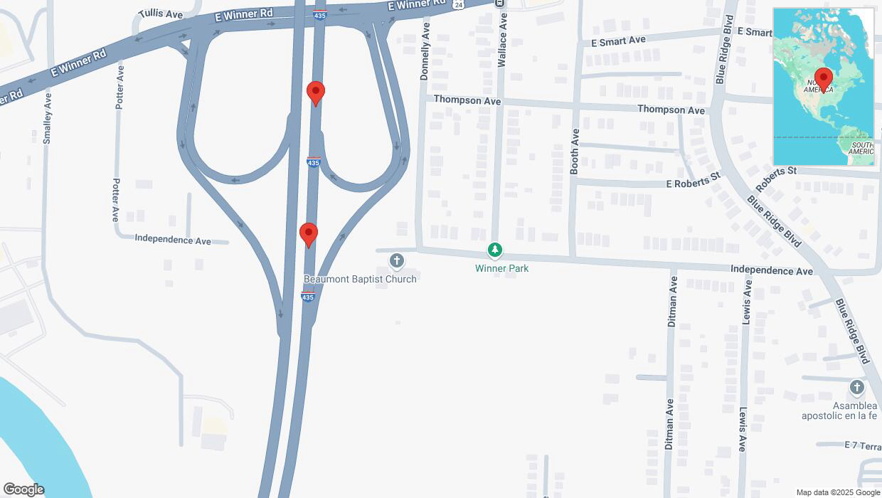 A detailed map that shows the affected road due to 'Broken down vehicle on northbound I-435 in Kansas City' on February 17th at 3:48 p.m.