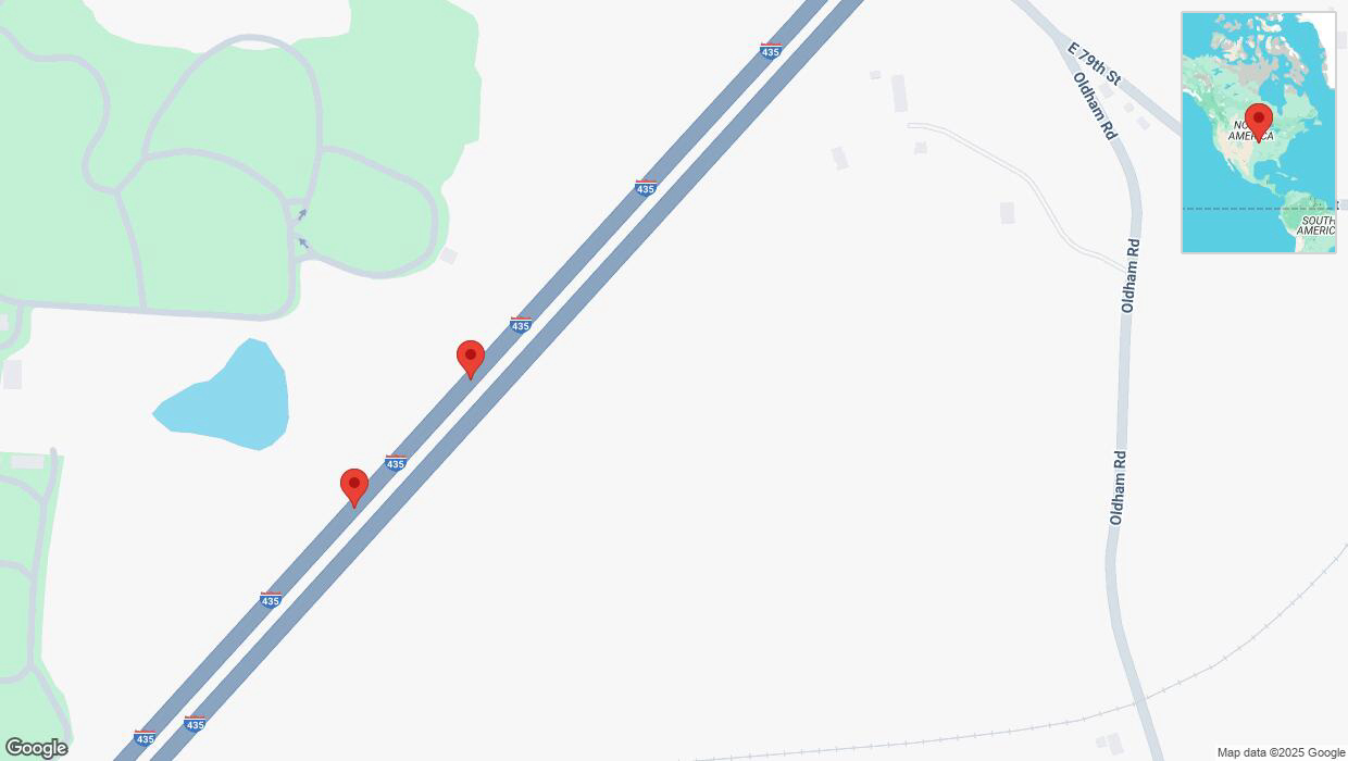A detailed map that shows the affected road due to 'Broken down vehicle on southbound I-435 in Kansas City' on February 17th at 3:08 p.m.