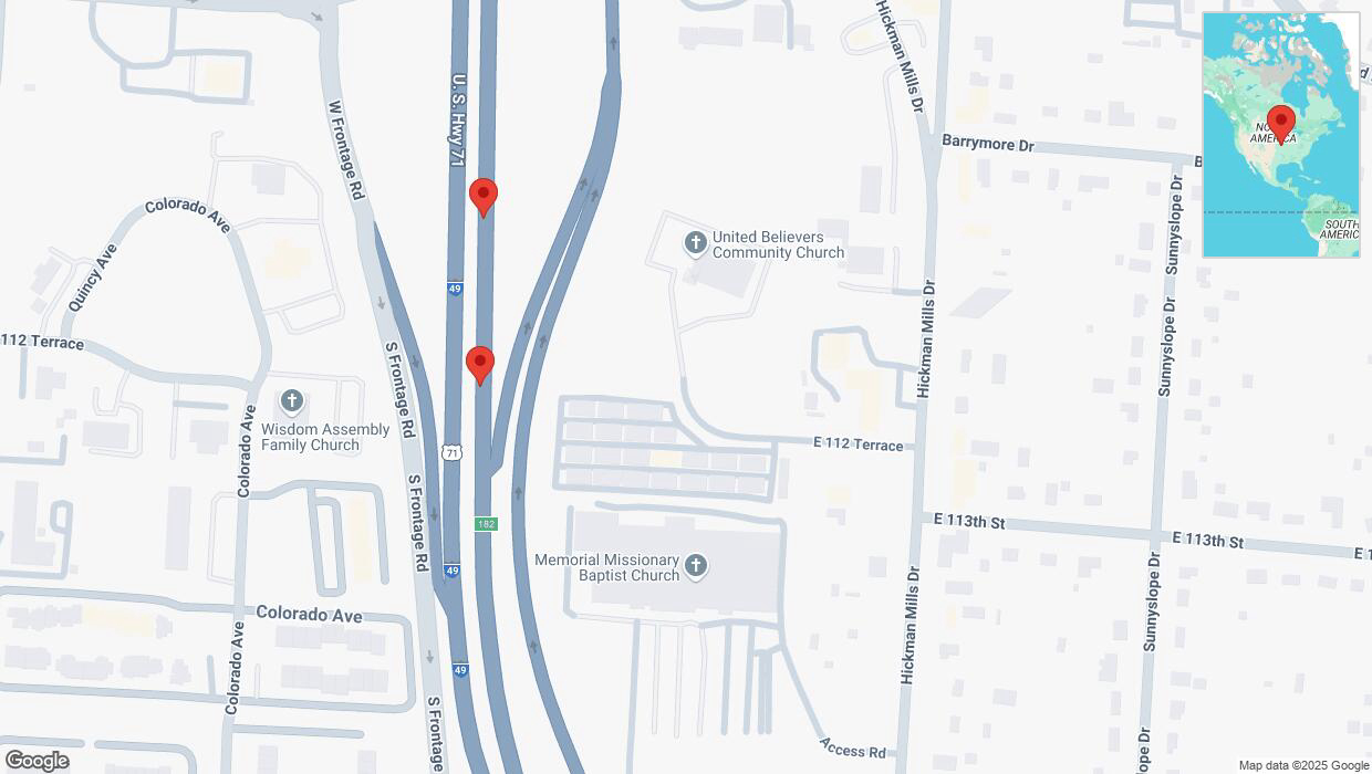 A detailed map that shows the affected road due to 'Broken down vehicle on northbound I-40/US-71 in Kansas City' on February 17th at 3:48 p.m.