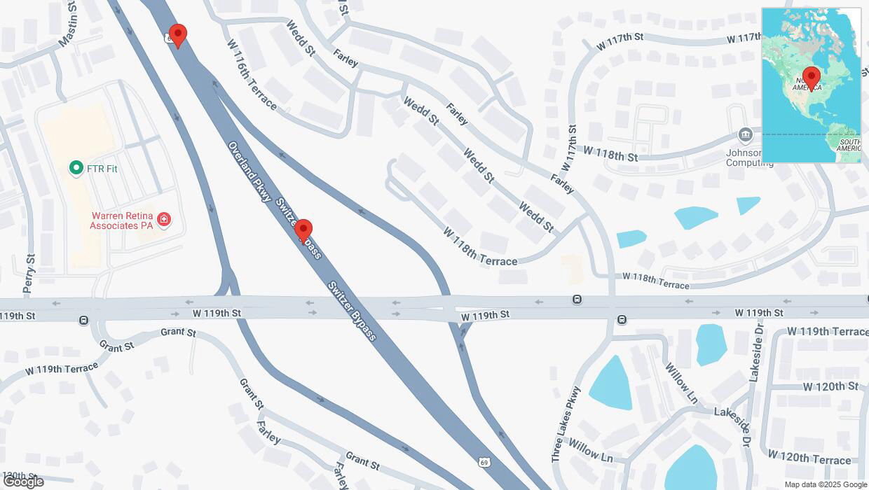 A detailed map that shows the affected road due to 'Broken down vehicle on northbound US-69 in Overland Park' on February 17th at 4:54 p.m.
