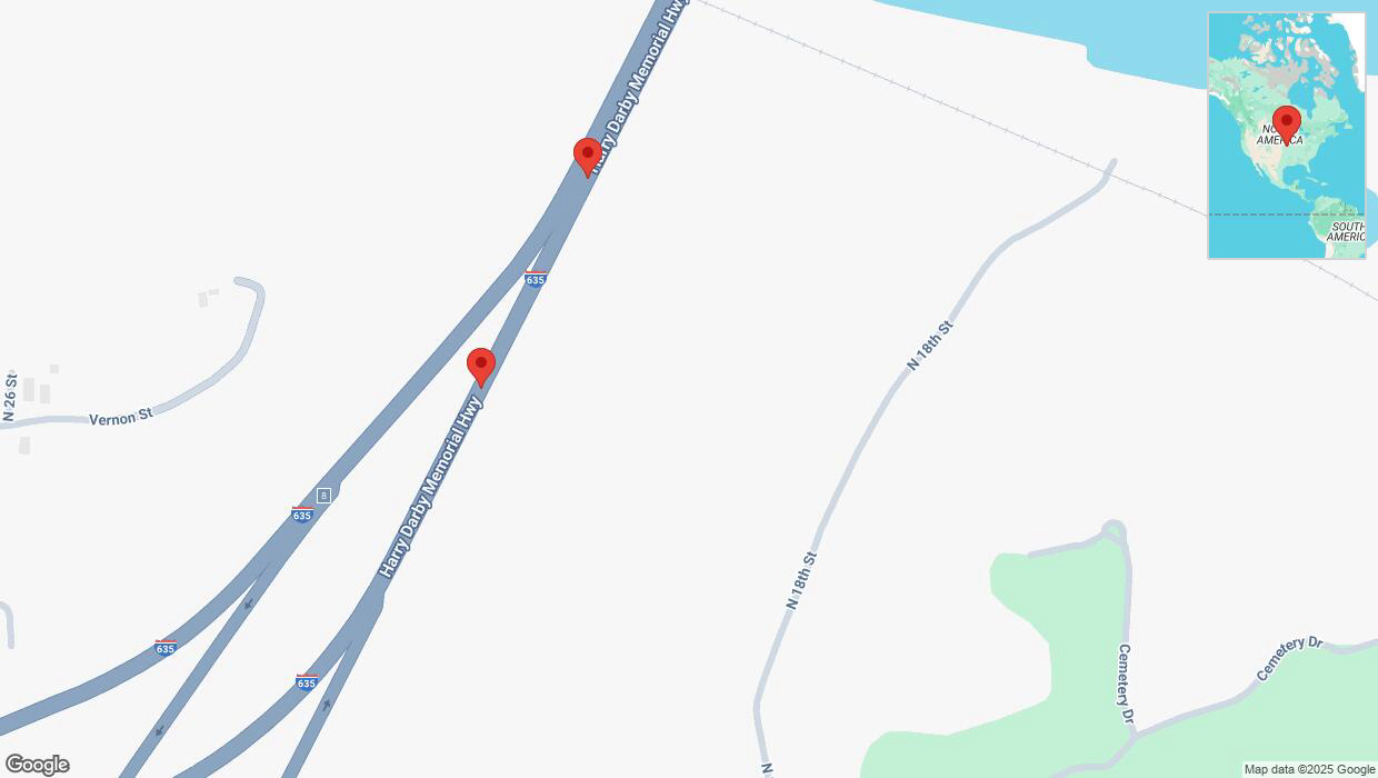 A detailed map that shows the affected road due to 'Broken down vehicle on northbound I-635 in Kansas City' on February 17th at 5:22 p.m.
