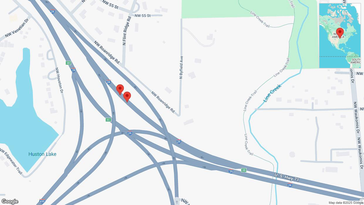 A detailed map that shows the affected road due to 'Broken down vehicle on northbound I-29 in Kansas City' on February 17th at 6 p.m.
