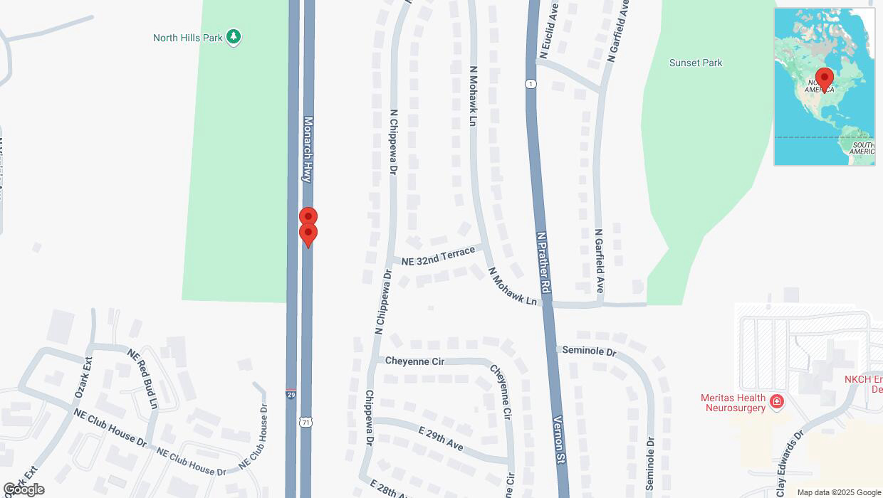 A detailed map that shows the affected road due to 'Broken down vehicle on northbound I-29/I-35 in Kansas City' on February 17th at 6:16 p.m.