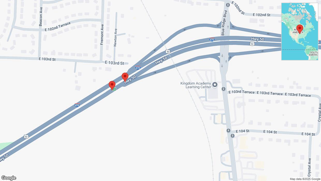 A detailed map that shows the affected road due to 'Broken down vehicle on eastbound I-470 in Kansas City' on February 17th at 6:51 p.m.