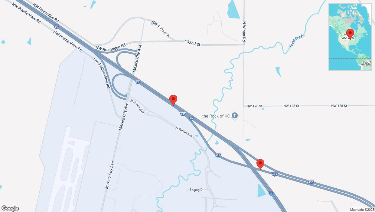 A detailed map that shows the affected road due to 'Heavy snowfall on eastbound I-435 East in Kansas City' on February 17th at 8:36 p.m.