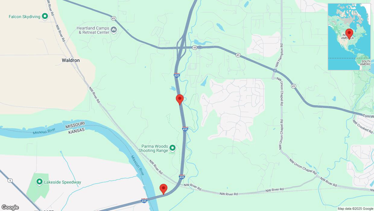 A detailed map that shows the affected road due to 'Heavy snowfall on southbound I-435 in Parkville' on February 17th at 9:11 p.m.