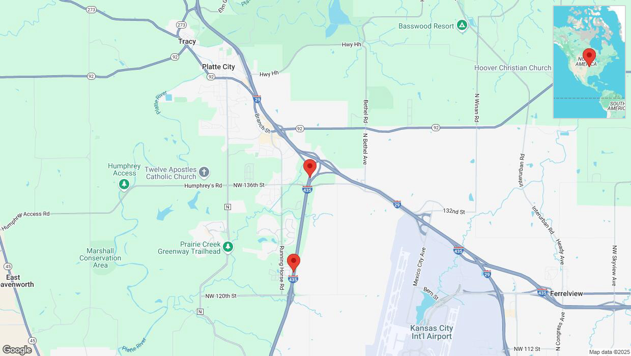 A detailed map that shows the affected road due to 'Heavy snowfall on southbound I-435 in Platte City' on February 17th at 9:16 p.m.