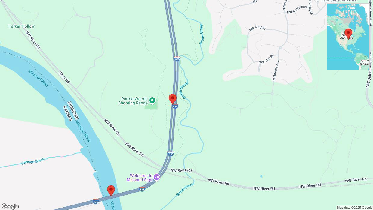 A detailed map that shows the affected road due to 'Heavy snowfall on southbound I-435 in Parkville' on February 17th at 9:27 p.m.
