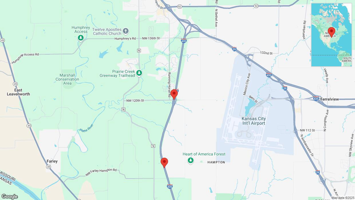 A detailed map that shows the affected road due to 'Heavy snowfall on southbound I-435 in Kansas City' on February 17th at 9:27 p.m.