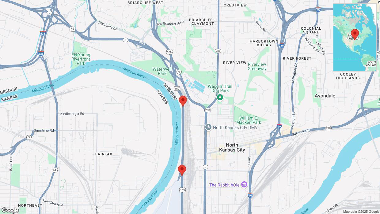A detailed map that shows the affected road due to 'Heavy snowfall on southbound US-169 in Kansas City' on February 17th at 9:27 p.m.