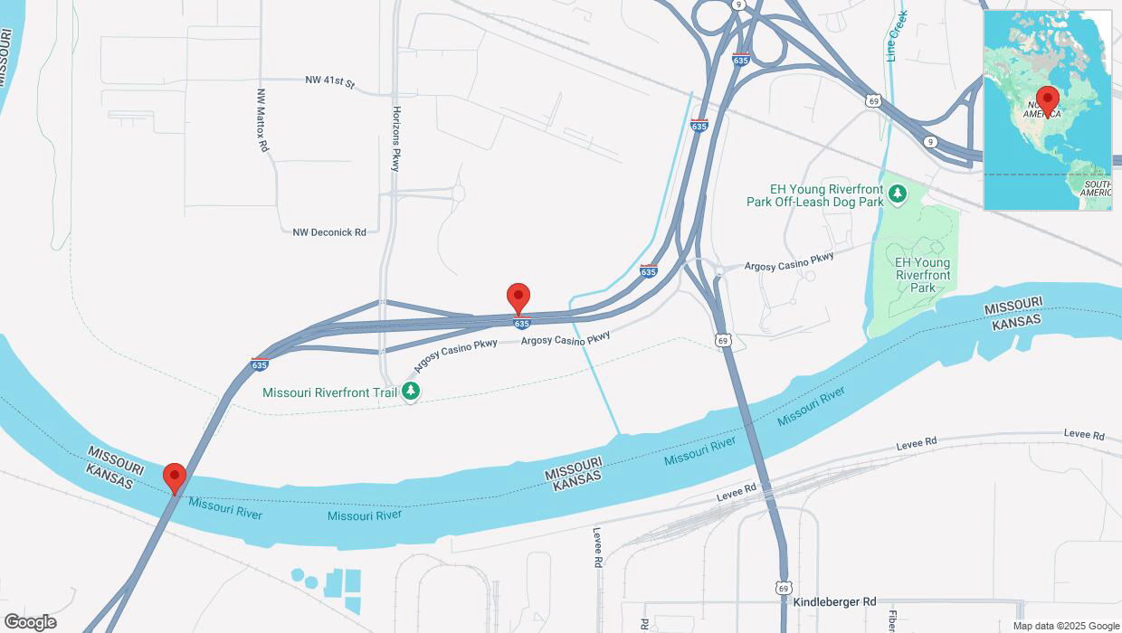 A detailed map that shows the affected road due to 'Heavy snowfall on southbound I-635 in Riverside' on February 17th at 9:33 p.m.